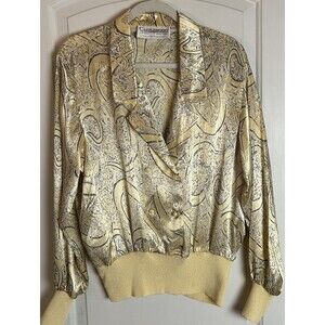 Vintage Castleberry Double-breasted Button Closure Silky Top Yellow Paisley 18